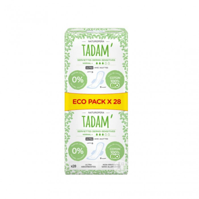 TADAM Serviettes ULTRA Coton Bio Normal+ 3 gouttes - Ecopack 28