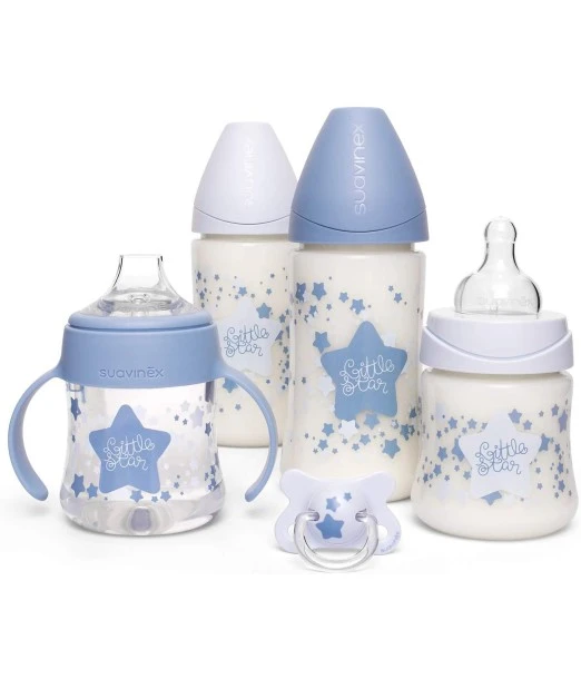 Suavinex set 4 baby bottles + Little Star pacifier light blue