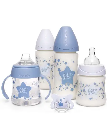 Suavinex set 4 baby bottles + Little Star pacifier light blue