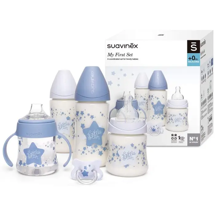Coffret 4 Biberons + Sucette Suavinex Little Star Bleu Clair