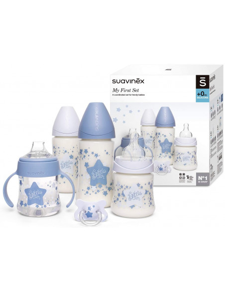 Coffret 4 Biberons + Sucette Suavinex Little Star Bleu Clair