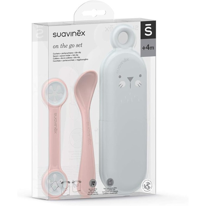 Suavinex Set Couverts On The Go. Set Étui, Cuillère, Attache Serviette 4m+ Rose dans Vaisselle bébé chez Baby And Mom Maroc