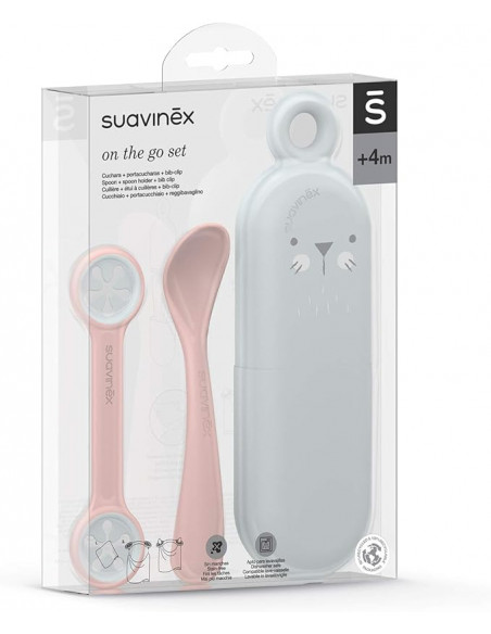 Suavinex Set Couverts On The Go. Set Étui, Cuillère, Attache Serviette 4m+ Rose dans Vaisselle bébé chez Baby And Mom Maroc
