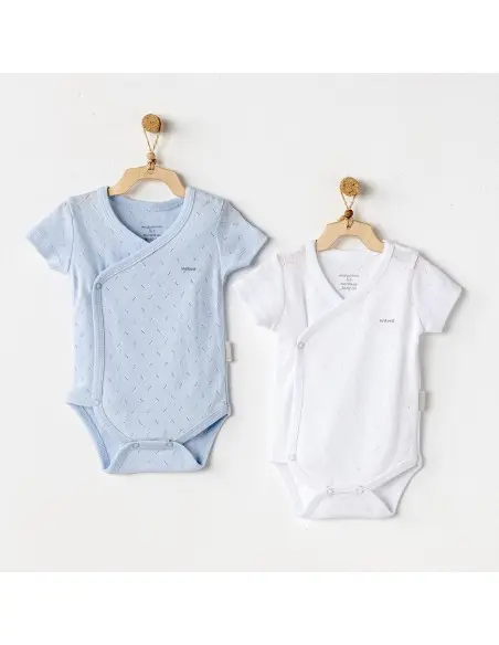 Pack of 2 short-sleeved bodysuits 100% cotton white / blue