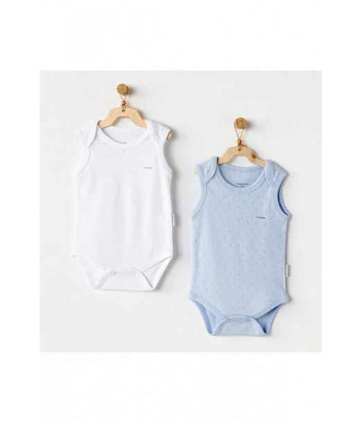 Lot 2 Body sans Manches 100% Coton 1-3 mois Blanc / Bleu Body 