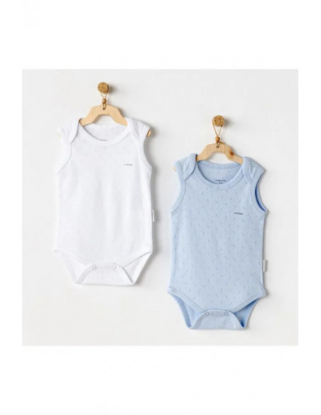 Lot 2 Body sans Manches 100% Coton 1-3 mois Blanc / Bleu Body 