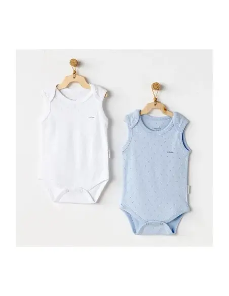 Pack of 2 sleeveless body 100% cotton from 1 to 3 months White / Blue