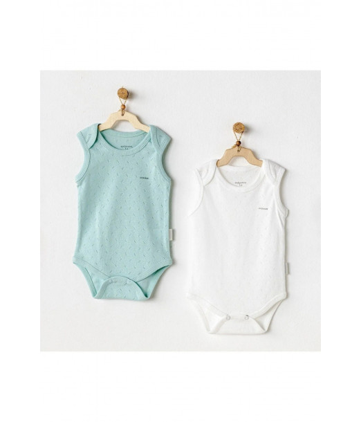 Lot 2 Body sans Manches 100% Coton 1-3 mois Blanc / Vert