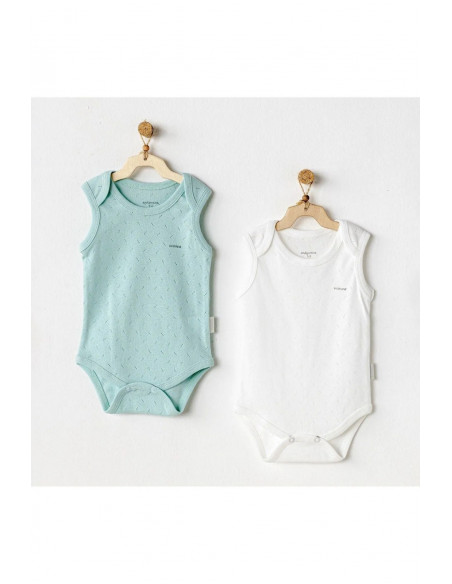 Lot 2 Body sans Manches 100% Coton 1-3 mois Blanc / Vert
