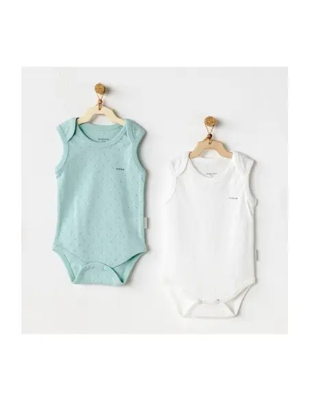 Pack of 2 sleeveless bodysuits 100% cotton from 1 to 3 months White / Green