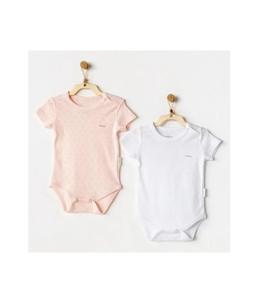 Pack of 2 short-sleeved bodysuits 100% cotton, round neck, White / Pink