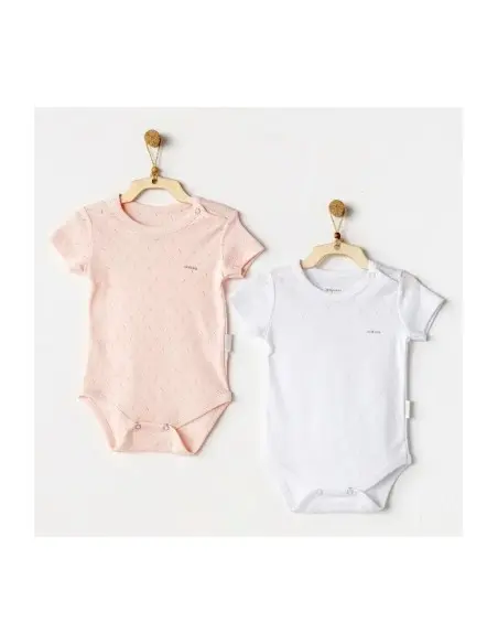 Pack of 2 short-sleeved bodysuits 100% cotton, round neck, White / Pink