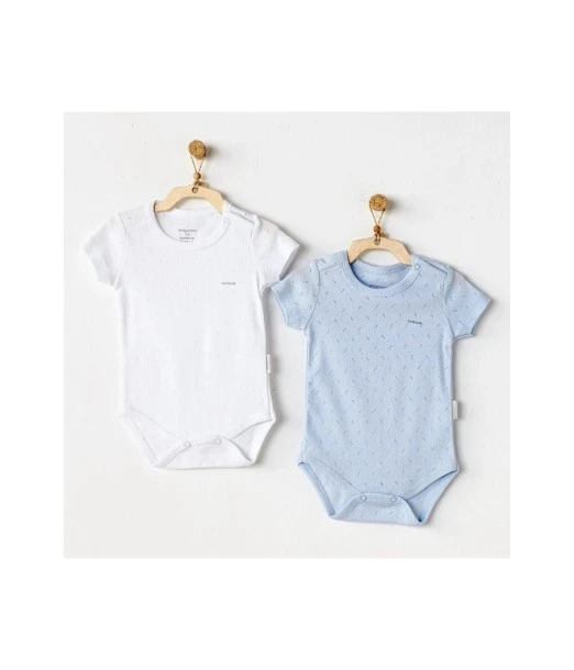 Pack of 2 short-sleeve bodysuits 100% cotton round neck White / Blue