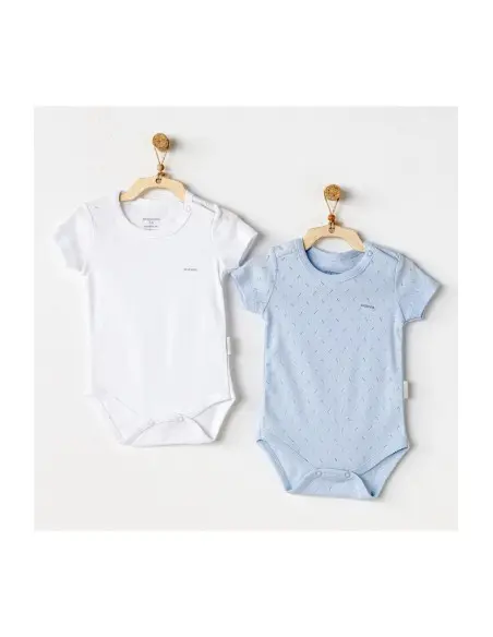 Pack of 2 short-sleeve bodysuits 100% cotton round neck White / Blue