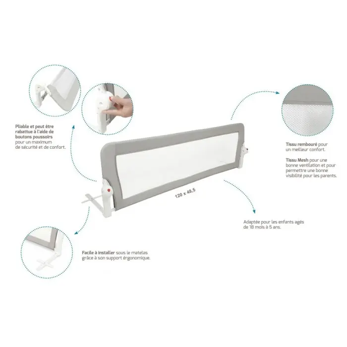 Barrière de Lit 180° Pliable 120 x 48,50 cm - Gris