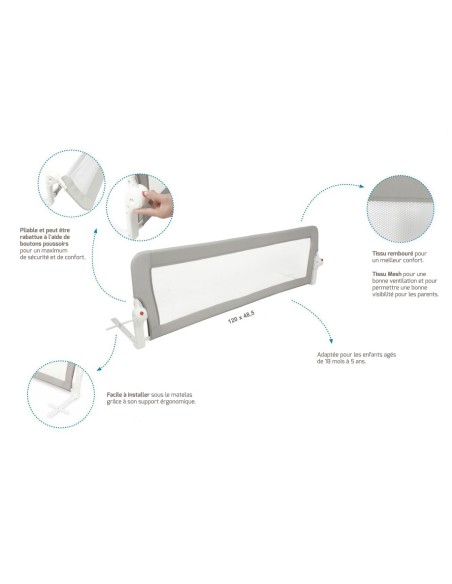 Barrière de Lit 180° Pliable 120 x 48,50 cm - Gris