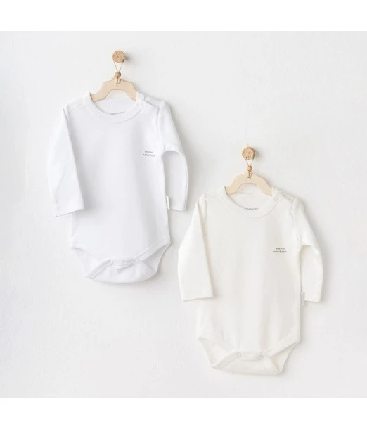 Pack of 2 long-sleeved bodysuits 100% cotton White/Off-white - round neck