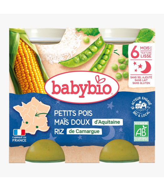 Babybio Petits Pois Maïs Doux d'Aquitaine Riz 2x200g 6m+ au Maroc - Baby And Mom