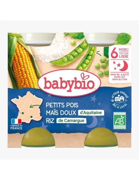 Babybio Peas, Sweet Corn from Aquitaine and Rice 2x200g from 6 months