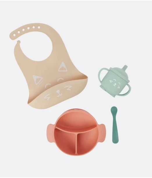 Babymoov LEARN'ISY Fox baby feeding kit 15-24 months (silicone bowl + spoon + bib + cup)