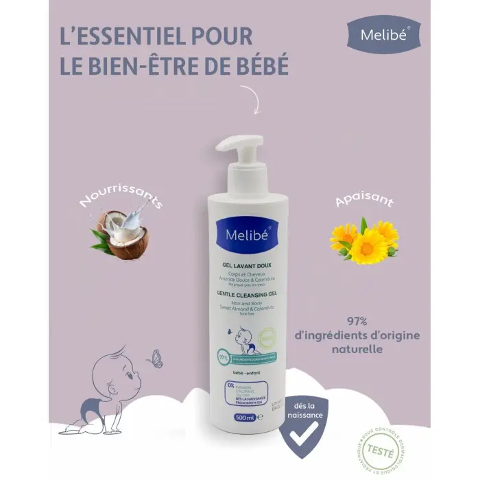 Melibé Gel lavant doux 500ml Cheveux & Corps - Melibé Maroc