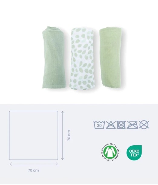 Doomoo Set de 3 langes Muslin 70x70 cm Mini Leaves Green au Maroc - Baby And Mom 2