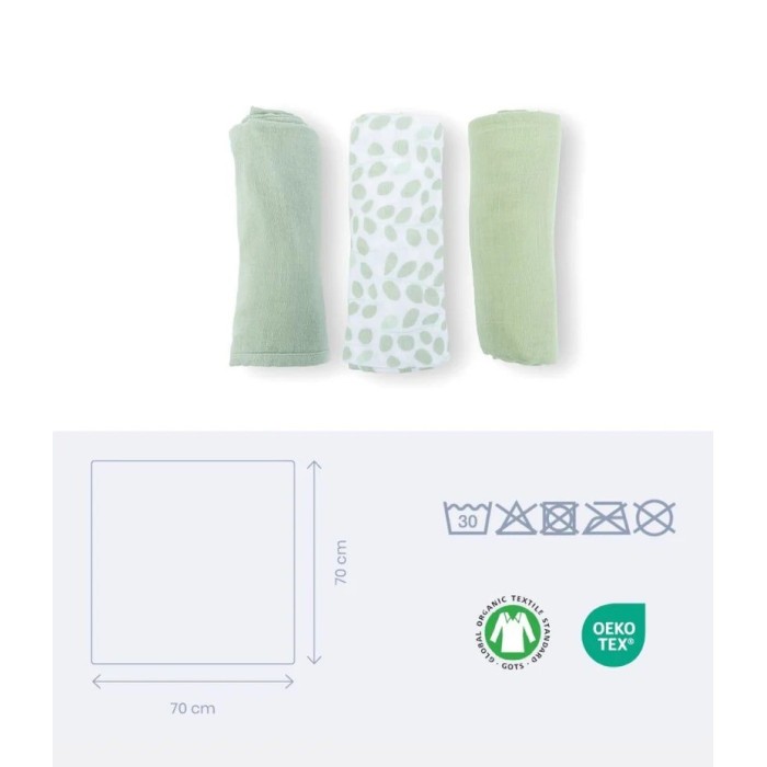 Doomoo Set de 3 langes Muslin 70x70 cm Mini Leaves Green Langes