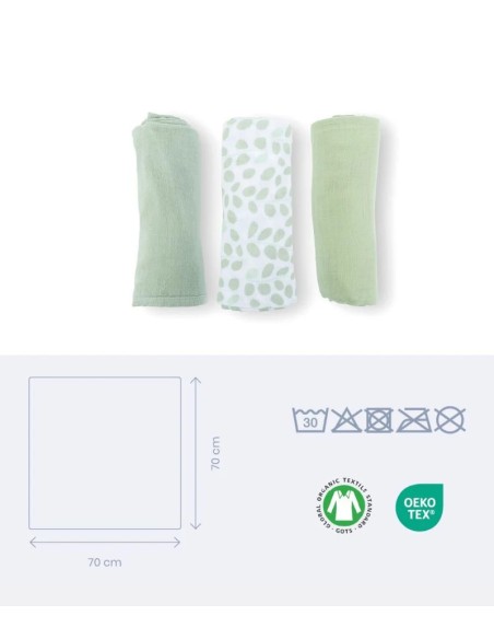 Doomoo Set de 3 langes Muslin 70x70 cm Mini Leaves Green dans Langes chez Baby And Mom Maroc