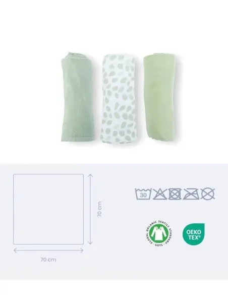 Doomoo set of 3 muslin squares 70x70 cm Mini Leaves Green — photo 2