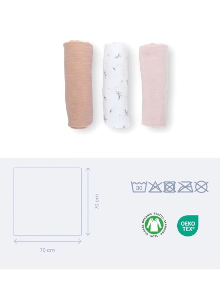 Doomoo Set de 3 langes Muslin 70x70 cm Flower Pink dans Langes chez Baby And Mom Maroc