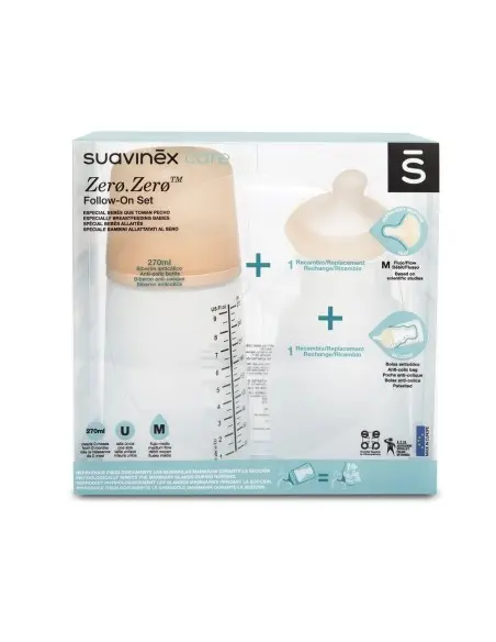 Suavinex pack Zero.Zero anti-colic baby bottle 270 ml & nipple & replacement silicone pouch — photo 2