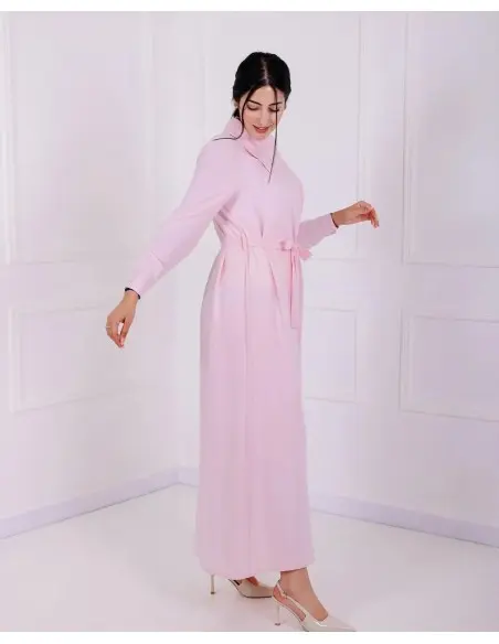 Aura long elegant premium crepe dress with asymmetric neckline - Pink — photo 2