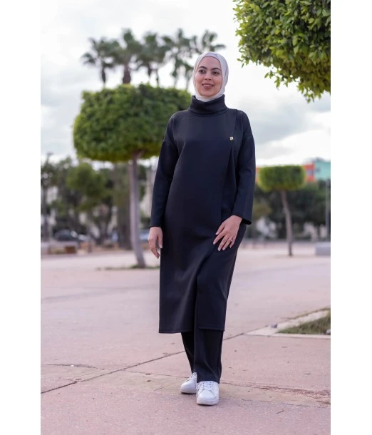 Pretty long elegant and modest dress with trousers for women - Black