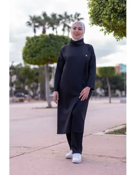 Pretty long elegant and modest dress with trousers for women - Black