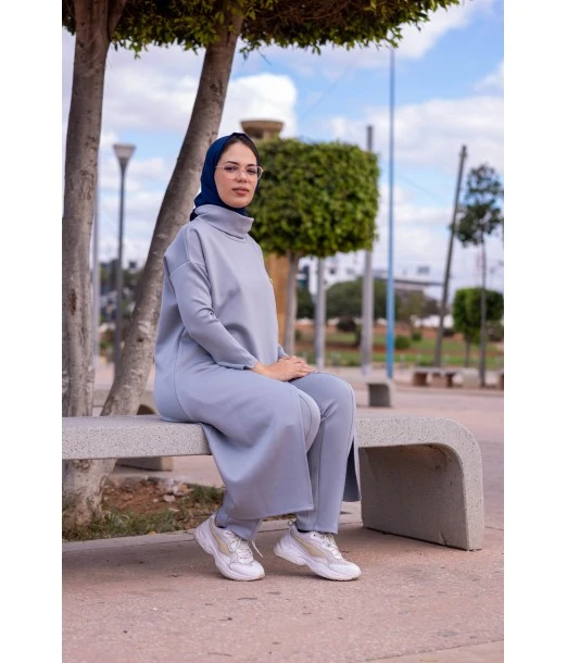 Pretty long elegant and modest dress with trousers for women - grey 2
