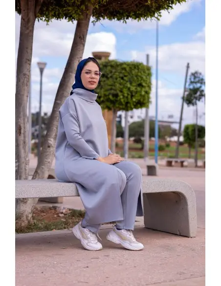 Pretty long elegant and modest dress with trousers for women - grey — photo 2