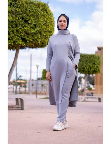 Pretty long elegant and modest dress with trousers for women - grey — photo 4