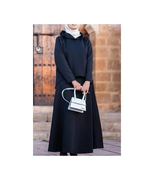 Women's hooded set, modest elegant 2-piece outfit - black 2