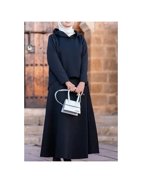 Women's hooded set, modest elegant 2-piece outfit - black — photo 2