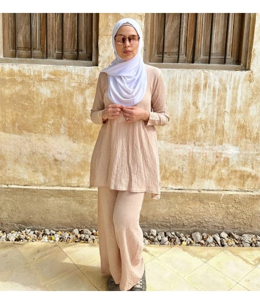Women's summer 2-piece set Tunic Long & Wide Trousers - beige