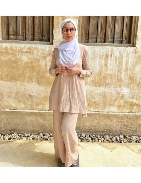 Women's summer 2-piece set Tunic Long & Wide Trousers - beige