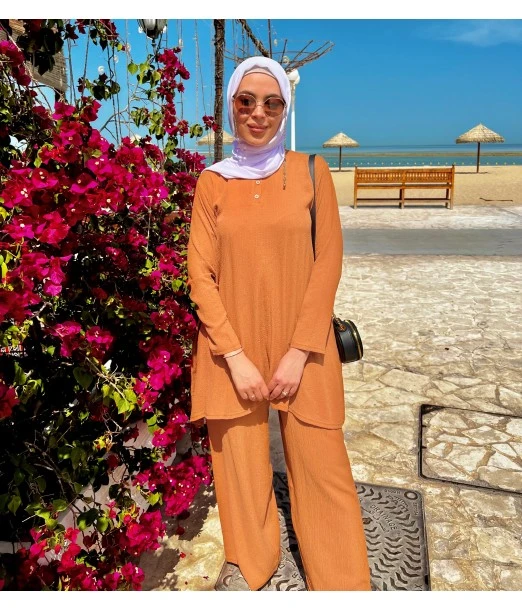 Women's summer 2-piece set - long tunic & wide trousers - Caramel