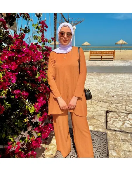 Women's summer 2-piece set - long tunic & wide trousers - Caramel