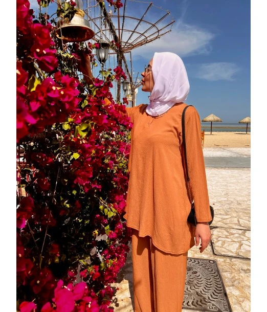 Women's summer 2-piece set - long tunic & wide trousers - Caramel 2