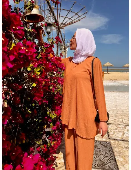 Women's summer 2-piece set - long tunic & wide trousers - Caramel — photo 2
