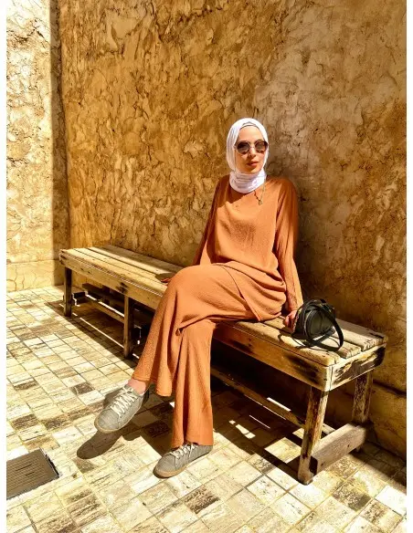Women's summer 2-piece set - long tunic & wide trousers - Caramel — photo 4