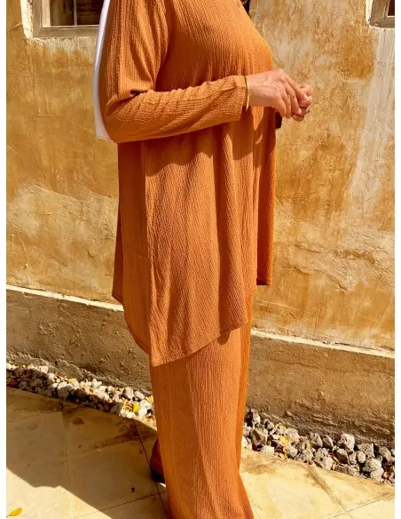 Women's summer 2-piece set - long tunic & wide trousers - Caramel — photo 5