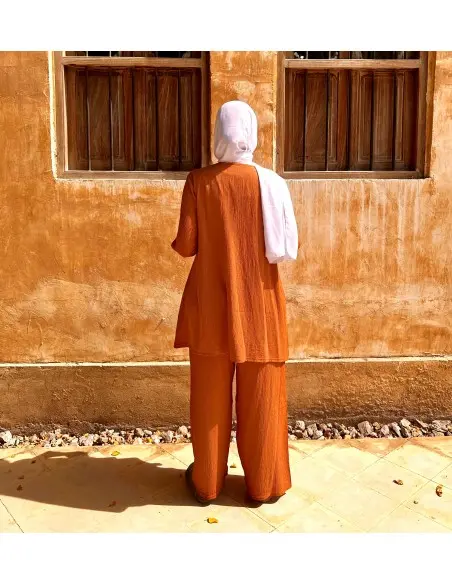 Women's summer 2-piece set - long tunic & wide trousers - Caramel — photo 6