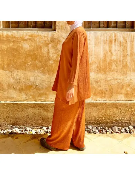 Women's summer 2-piece set - long tunic & wide trousers - Caramel — photo 7