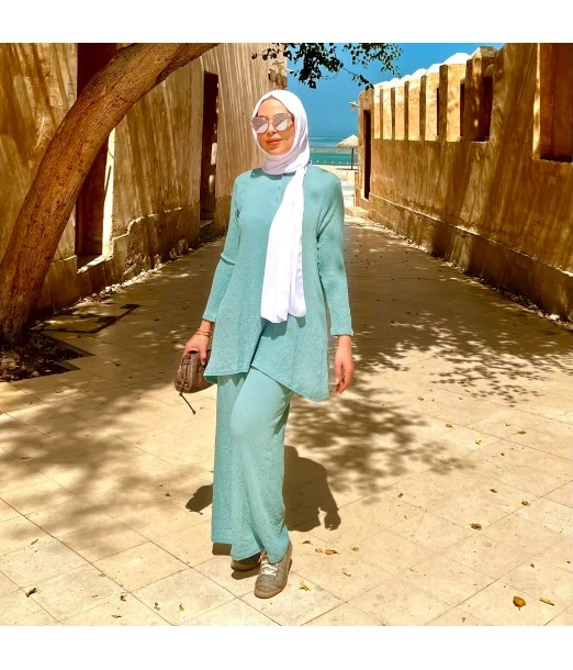 Women's summer set 2-piece long tunic & wide trousers - aqua